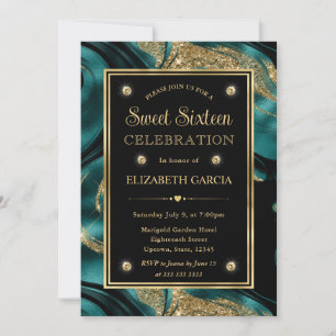 Elegant Molten Teal and Gold Glitter Sweet 16 Invitation