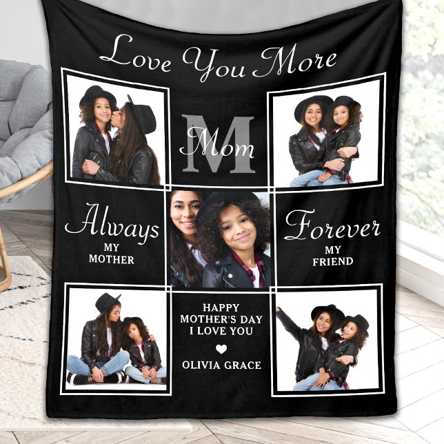 Elegant MOM 5 Photo Collage Monogram Unique Mum Fleece Blanket (Creator Uploaded)
