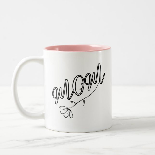 Elegant “MOM” Script with Flower Design  Two-Tone Coffee Mug (Left)