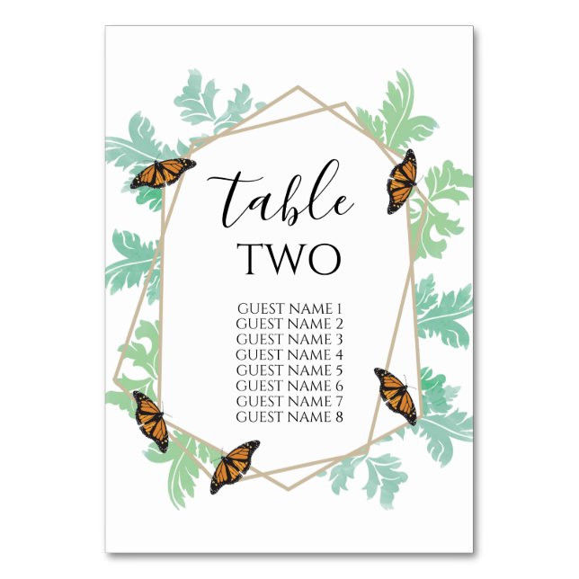 Elegant Monarch Butterfly Wedding Guest Names Table Number (Front)