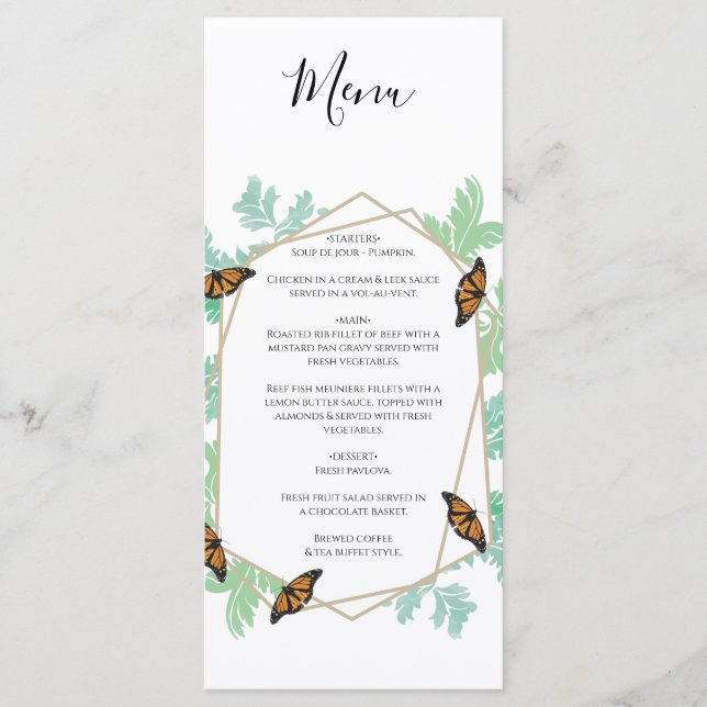 Elegant Monarch Butterfly Wedding Menu (Front)