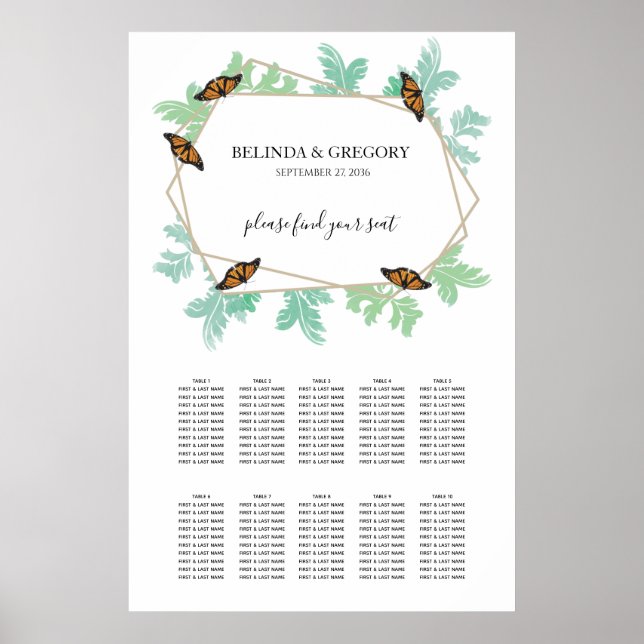 Elegant Monarch Butterfly Wedding Seating Chart (Front)