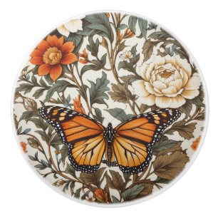 Elegant Monarch Butterfly William Morris Inspired Ceramic Knob