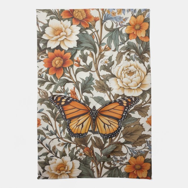 Elegant Monarch Butterfly William Morris Inspired  Tea Towel (Vertical)