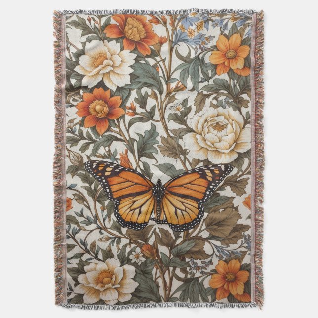 Elegant Monarch Butterfly William Morris Inspired  Throw Blanket (Front Vertical)