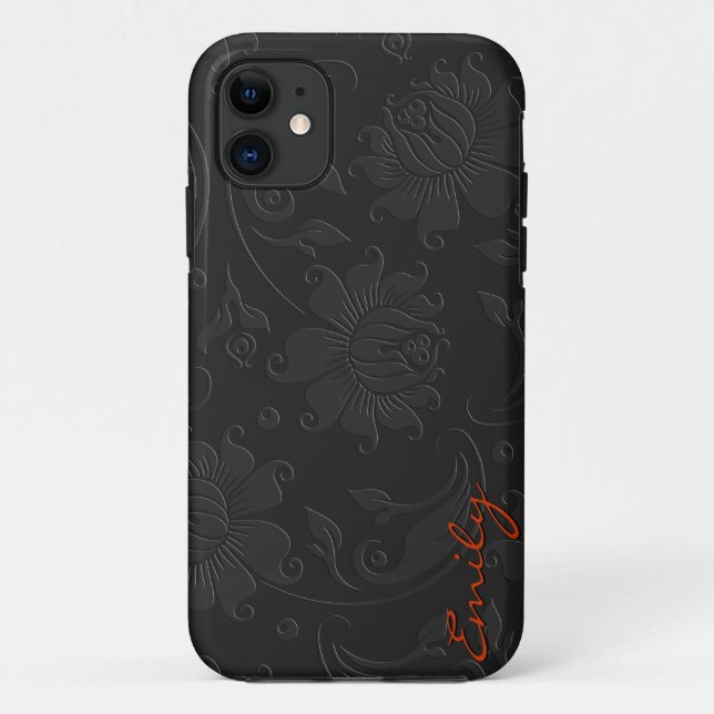 Elegant Monochromatic Dark Grey Floral Design Case-Mate iPhone Case (Back)
