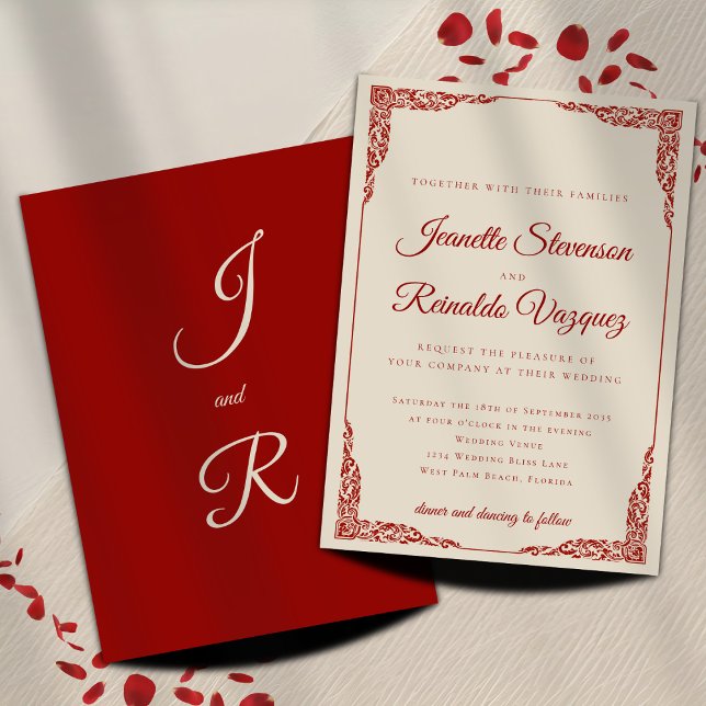 Elegant Monochromatic Ruby Red Bone White Wedding  Invitation (Creator Uploaded)