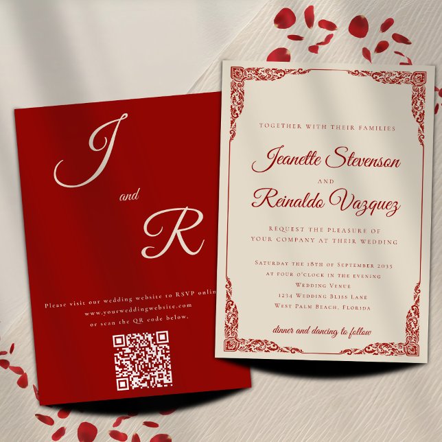 Elegant Monochromatic Ruby Red QR Code Wedding  Invitation (Creator Uploaded)