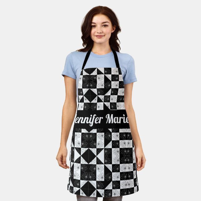 elegant monochrome chequered floral triangles apron (Worn)