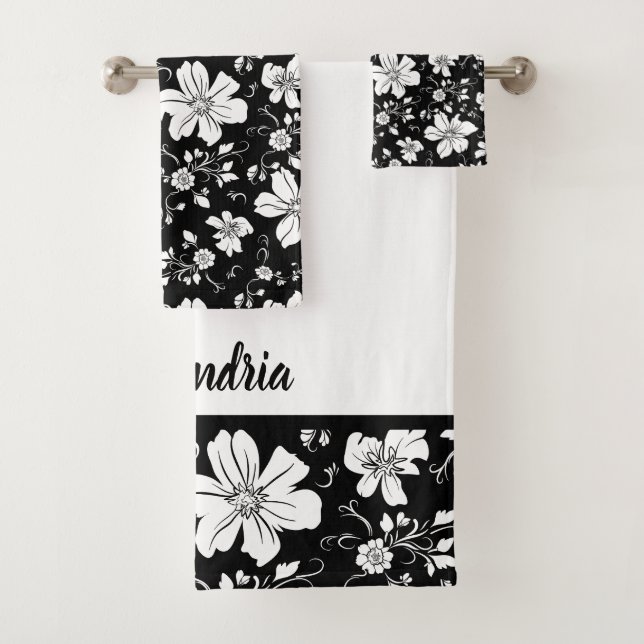 elegant monochrome floral pattern black white bath towel set (Insitu)
