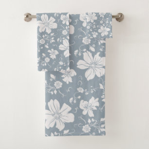 elegant monochrome floral pattern blue grey bath towel set