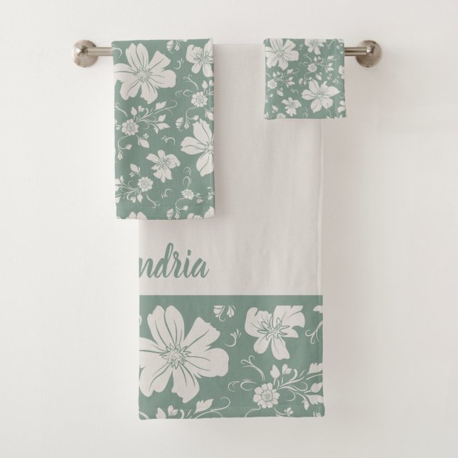 elegant monochrome floral pattern green bath towel set (Insitu)