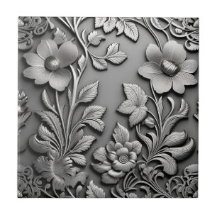 Elegant Monochrome Flowers Ceramic Tile