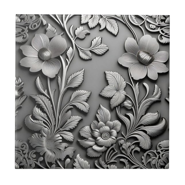 Elegant Monochrome Flowers Ceramic Tile (Front)