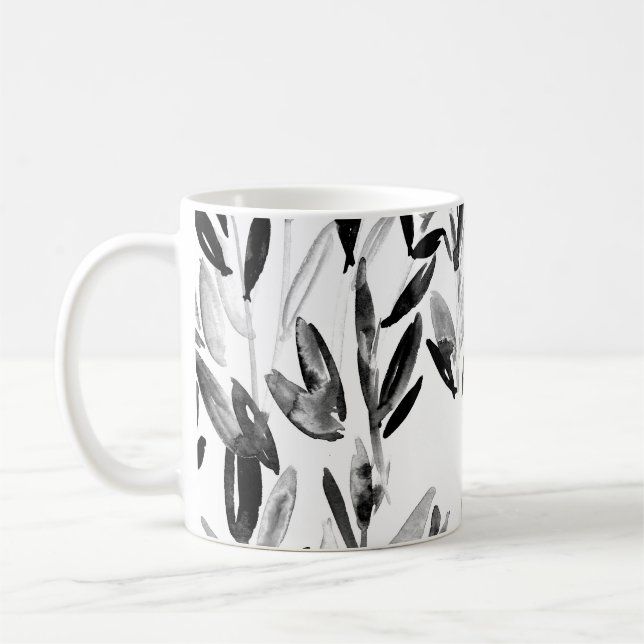 Elegant Monochrome: Natural Leaves Pattern Coffee Mug (Left)