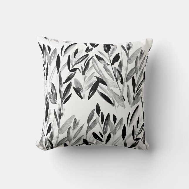 Elegant Monochrome: Natural Leaves Pattern Cushion (Front)