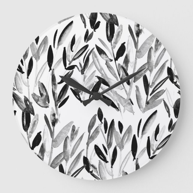 Elegant Monochrome: Natural Leaves Pattern Large Clock (Front)