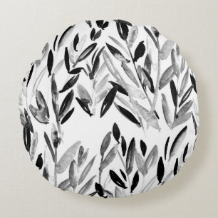 Elegant Monochrome: Natural Leaves Pattern Round Cushion