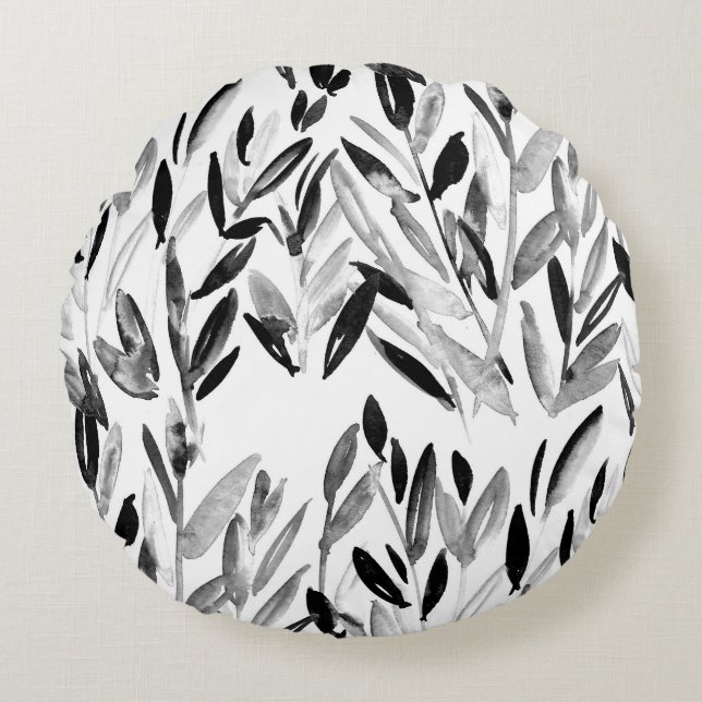 Elegant Monochrome: Natural Leaves Pattern Round Cushion (Front)