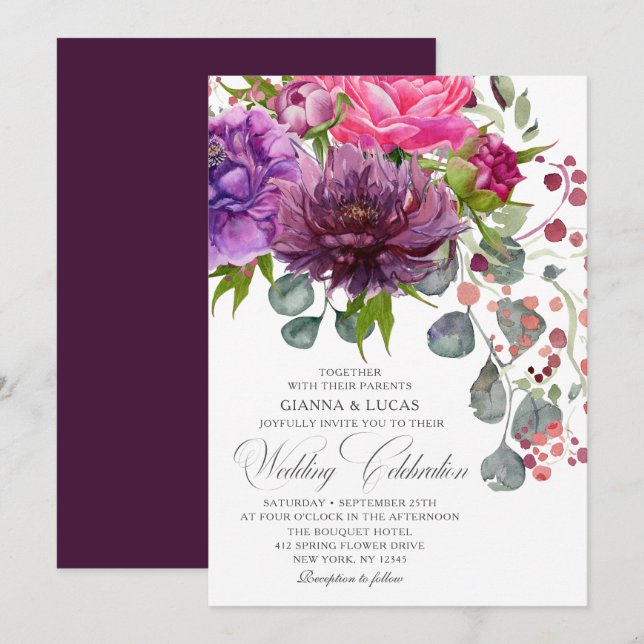 Elegant Monochrome Watercolor Floral Wedding Invitation (Front/Back)