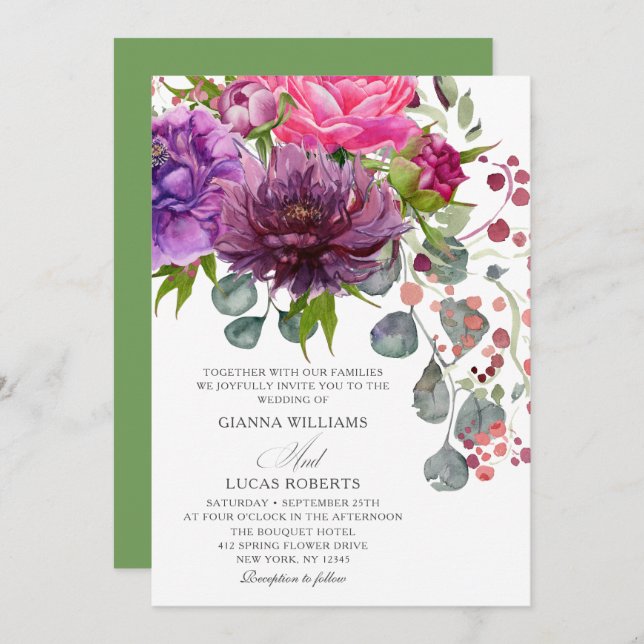 Elegant Monochrome Watercolor Floral Wedding Invitation (Front/Back)