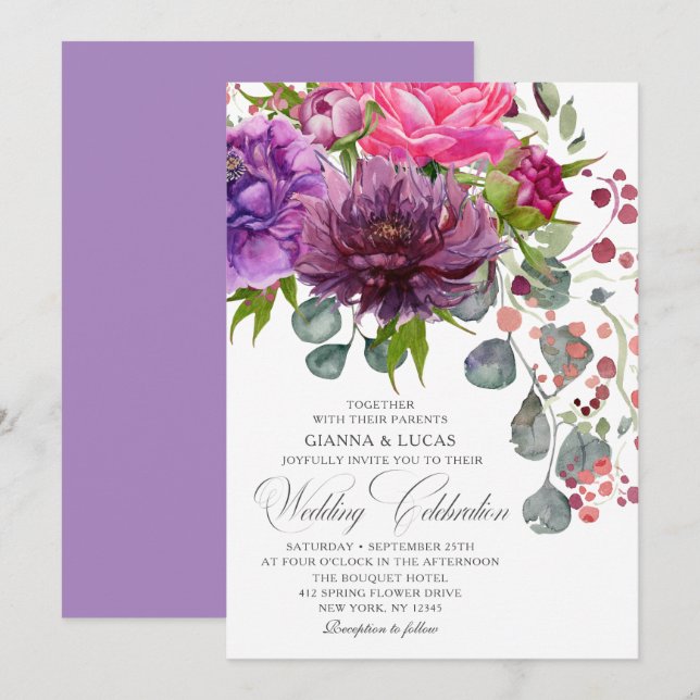 Elegant Monochrome Watercolor Floral Wedding Invitation (Front/Back)