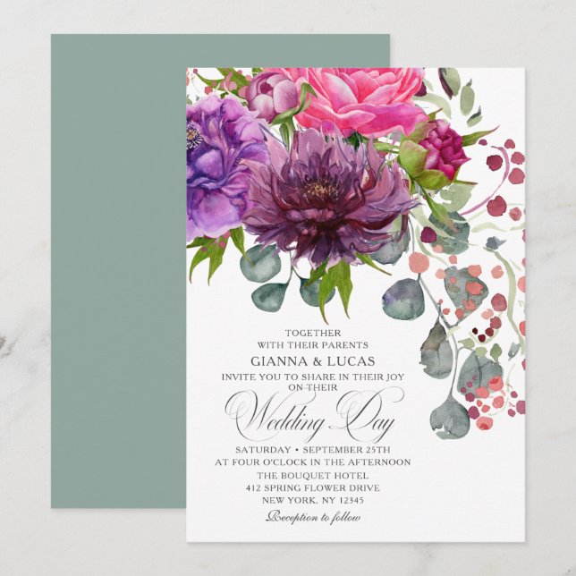 Elegant Monochrome Watercolor Floral Wedding Invitation (Front/Back)