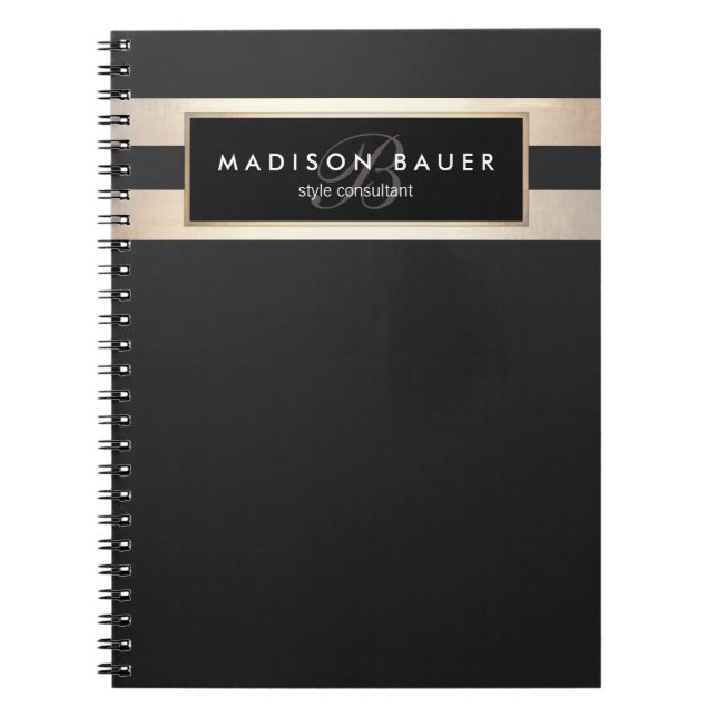 Elegant Monogam Striped Black and FAUX Gold Foil Notebook (Front)
