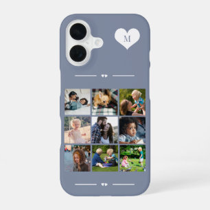 Elegant monogram 9 photo collage blue iPhone 16 case