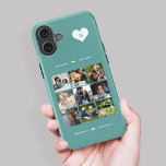 Elegant monogram 9 photo collage iPhone 16 case<br><div class="desc">Add nine family,  kids,  pets or best friends images and create your own beautiful photo collage phone case with your monogram name initial inside a white heart over a teal green feminine background.             Easy to personalise with your custom square images and letter</div>