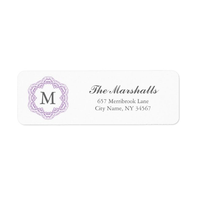 Elegant Monogram Address Label / Grey & Lavender Return Address Label (Front)