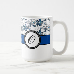 Elegant Monogram and Floral Pattern Navy Blue Coffee Mug