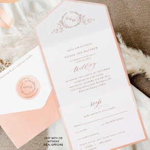 Elegant Monogram and Peach Watercolor Wedding All In One Invitation