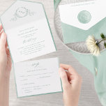 Elegant Monogram and Sage Green Watercolor Wedding All In One Invitation<br><div class="desc">Elegant All- in- One tri- fold wedding invitation with perforated RSVP postcard. Design with exquisite hand drawn botanical monogram encasing couples initials and delicate pale green watercolor frame in the inside as well as pale green sage watercolor wash sections on the outside. Modern hand written calligraphy elements. Environmentally friendly, as...</div>