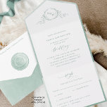 Elegant Monogram and Sage Green Watercolor Wedding All In One Invitation<br><div class="desc">Elegant All- in- One tri- fold wedding invitation with perforated RSVP postcard. Design with exquisite hand drawn botanical monogram encasing couples initials and delicate pale green watercolor frame in the inside as well as pale green sage watercolor wash sections on the outside. Modern hand written calligraphy elements. Environmentally friendly, as...</div>