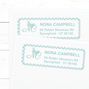 Elegant Monogram Aqua Blue Gingham Return Address Label