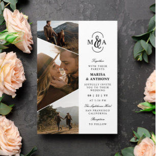 Elegant Monogram Asymmetrical Photos Wedding Invitation