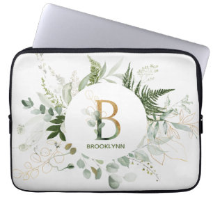 Elegant Monogram B Fern & Succulent Laptop Sleeve