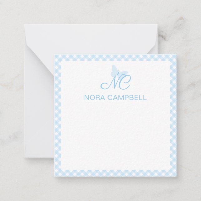 Elegant Monogram Baby Blue Gingham Personalised Card (Front)