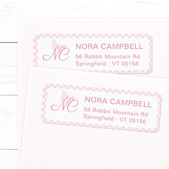 Elegant Monogram Baby Pink Gingham Return Address Label (Elegant butterfly monogram return address label in baby pink with stylish plaid background.)