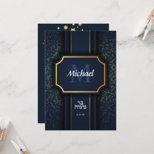 Elegant Monogram Bar Mitzvah Blue Gold Invitation