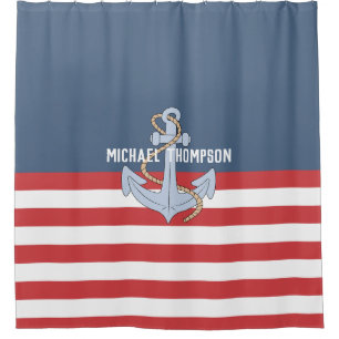 Elegant monogram beach house Anchor stripes navy Shower Curtain