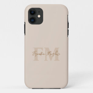 Elegant Monogram Beige Gold Script Name  iPhone 11 Case