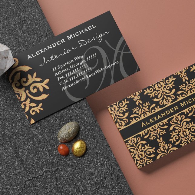 Elegant Monogram Black and Gold Damask Business Ca Business Card (Creator Uploaded)