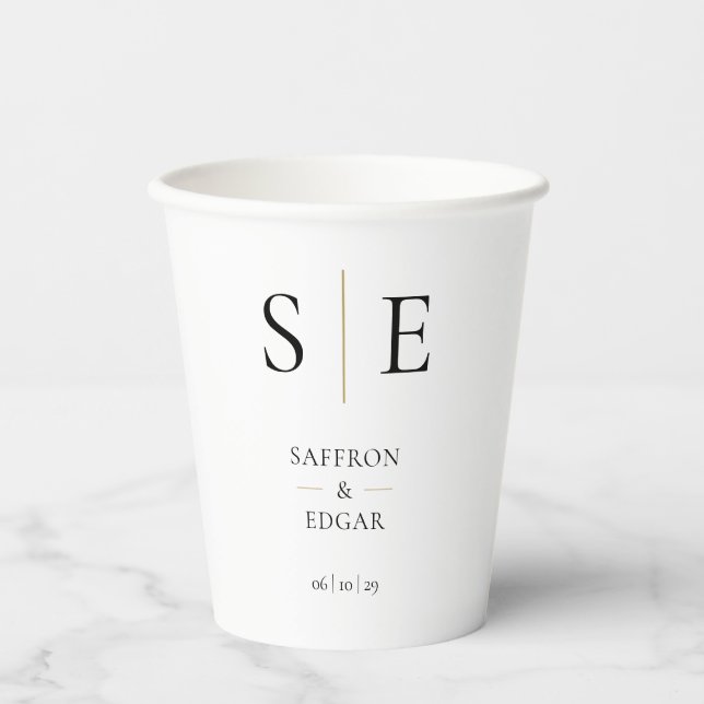 Elegant Monogram Black And Gold Wedding Paper Cups (Front)