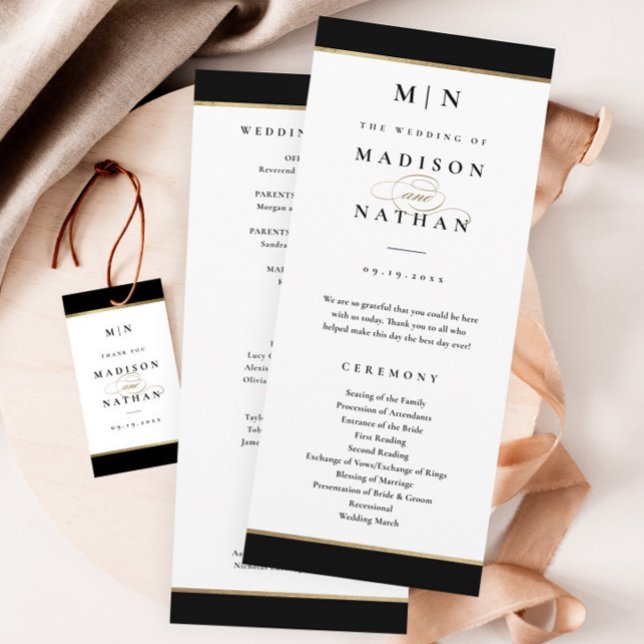 Elegant Monogram Black and Gold Wedding Program (Elegant black and gold wedding program. Gift tag sold separately.)