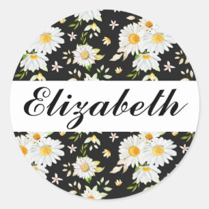 Elegant Monogram Black and White  Daisy Pattern  Classic Round Sticker