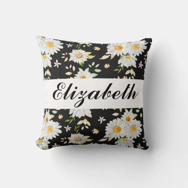 Elegant Monogram Black and White  Daisy Pattern  Cushion (Front)