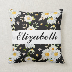 Elegant Monogram Black and White Daisy Pattern Cushion