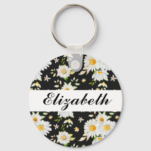Elegant Monogram Black and White  Daisy Pattern Key Ring